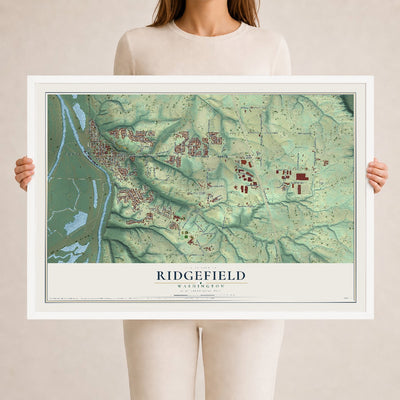 Map of Ridgefield, Washington, 24 x 36 inch print in a white wood frame