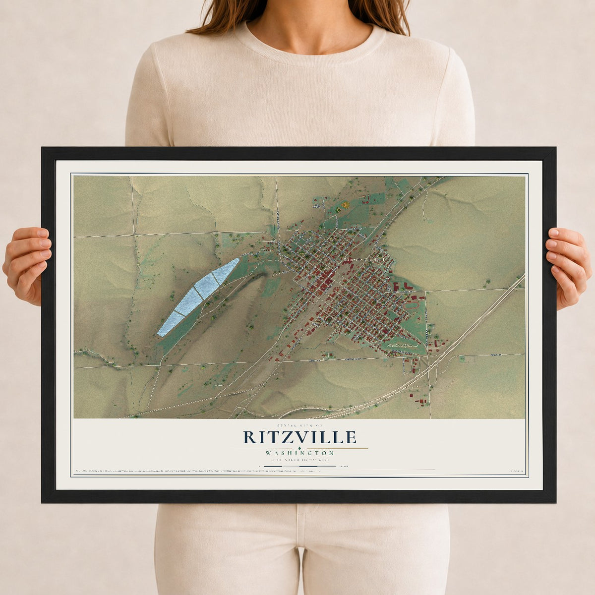 Map of Ritzville, Washington, 12 x 18 inch print in a black wood frame
