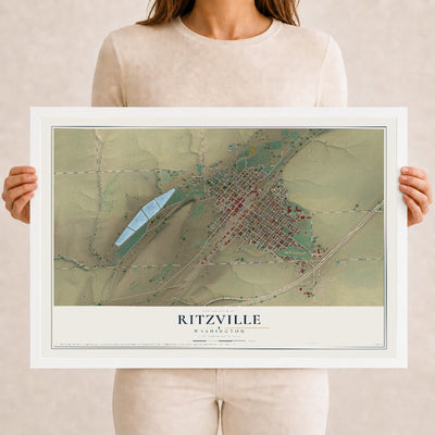 Map of Ritzville, Washington, 12 x 18 inch print in a white wood frame