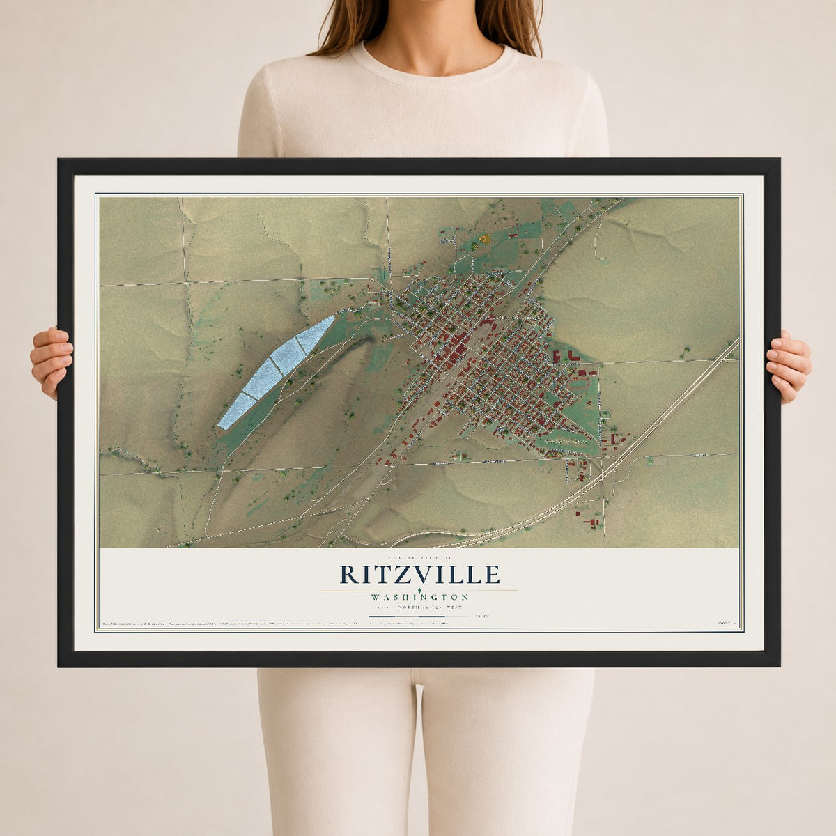 Map of Ritzville, Washington, 24 x 36 inch print in a black wood frame