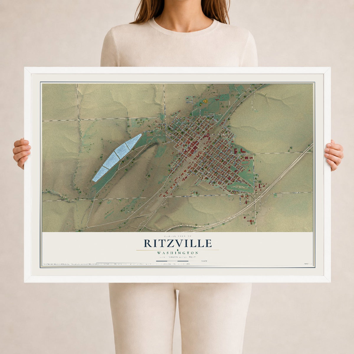 Map of Ritzville, Washington, 24 x 36 inch print in a white wood frame