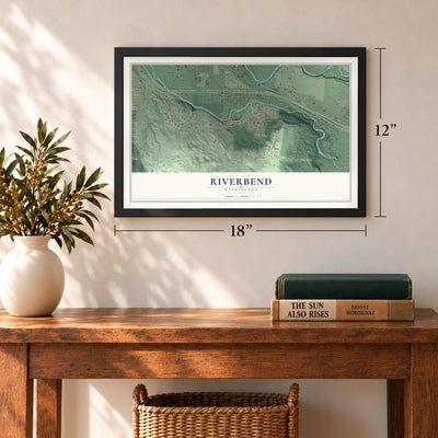 Riverbend, Washington map, 12 x 18 inch print in a black frame in an entryway