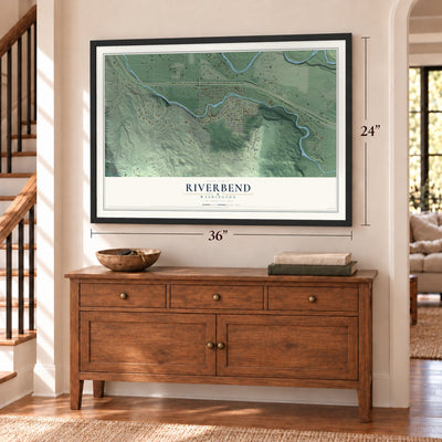 Riverbend, Washington map, 24 x 36 inch print in a black frame above a dresser by a staircase