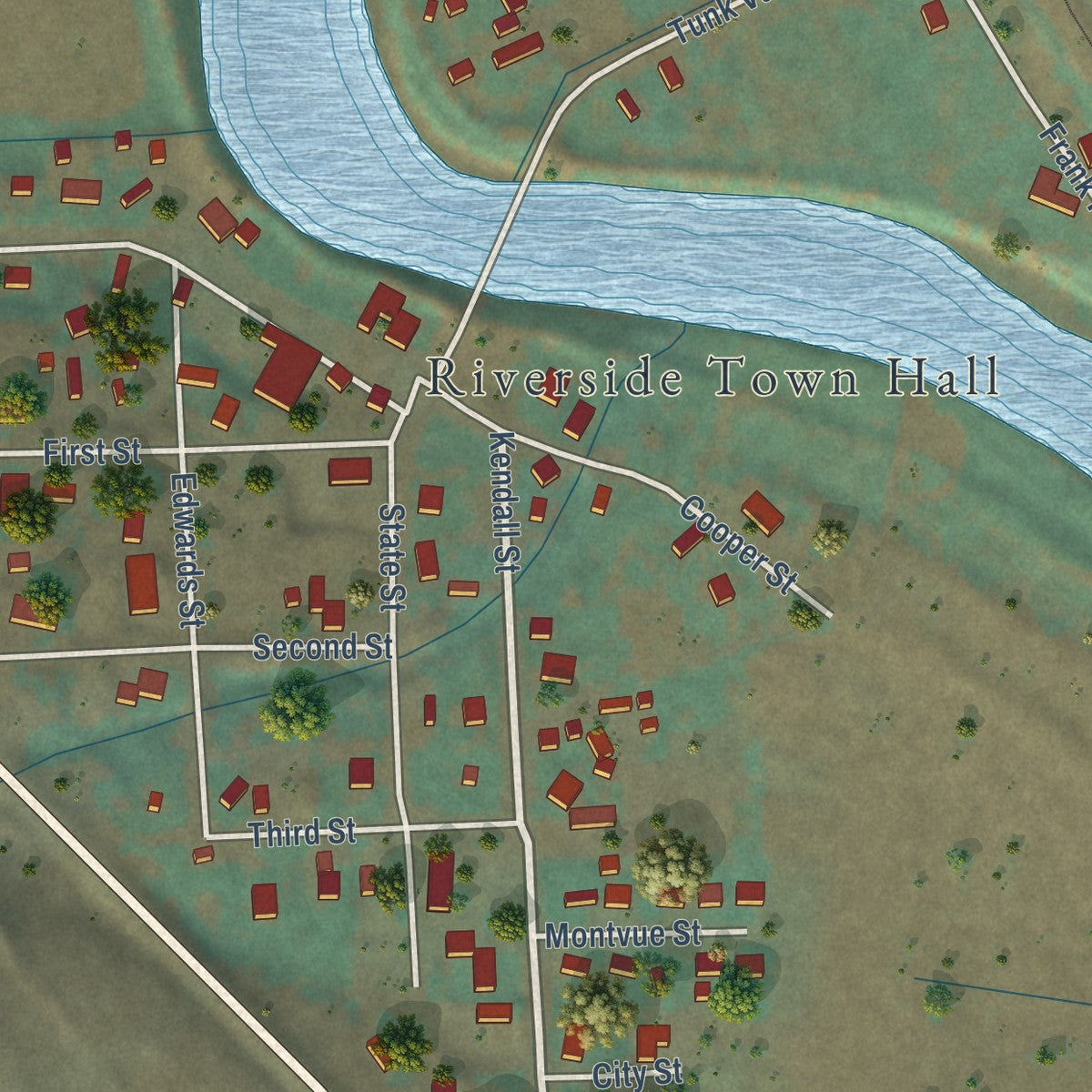 Close-up of the map of Riverside, Washington print showing street and building detail