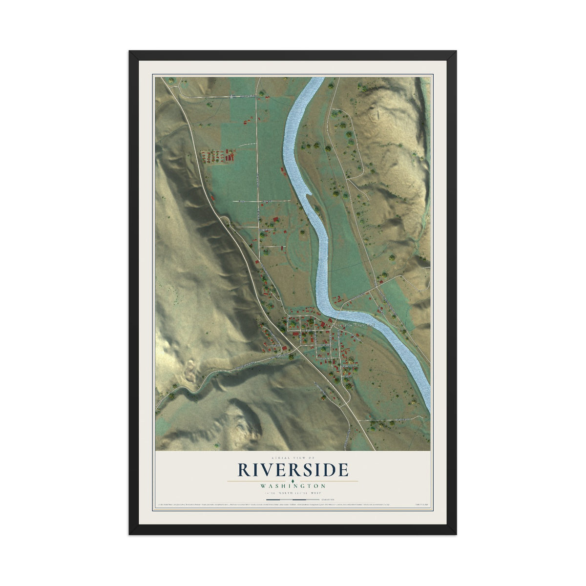 Map of Riverside, Washington, 12 x 18 inch print in a black wood frame