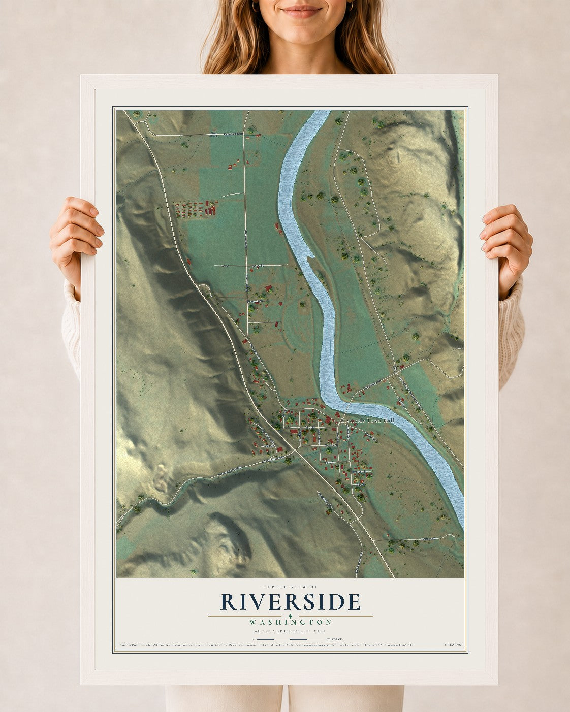 Map of Riverside, Washington, 24 x 36 inch print in a white wood frame