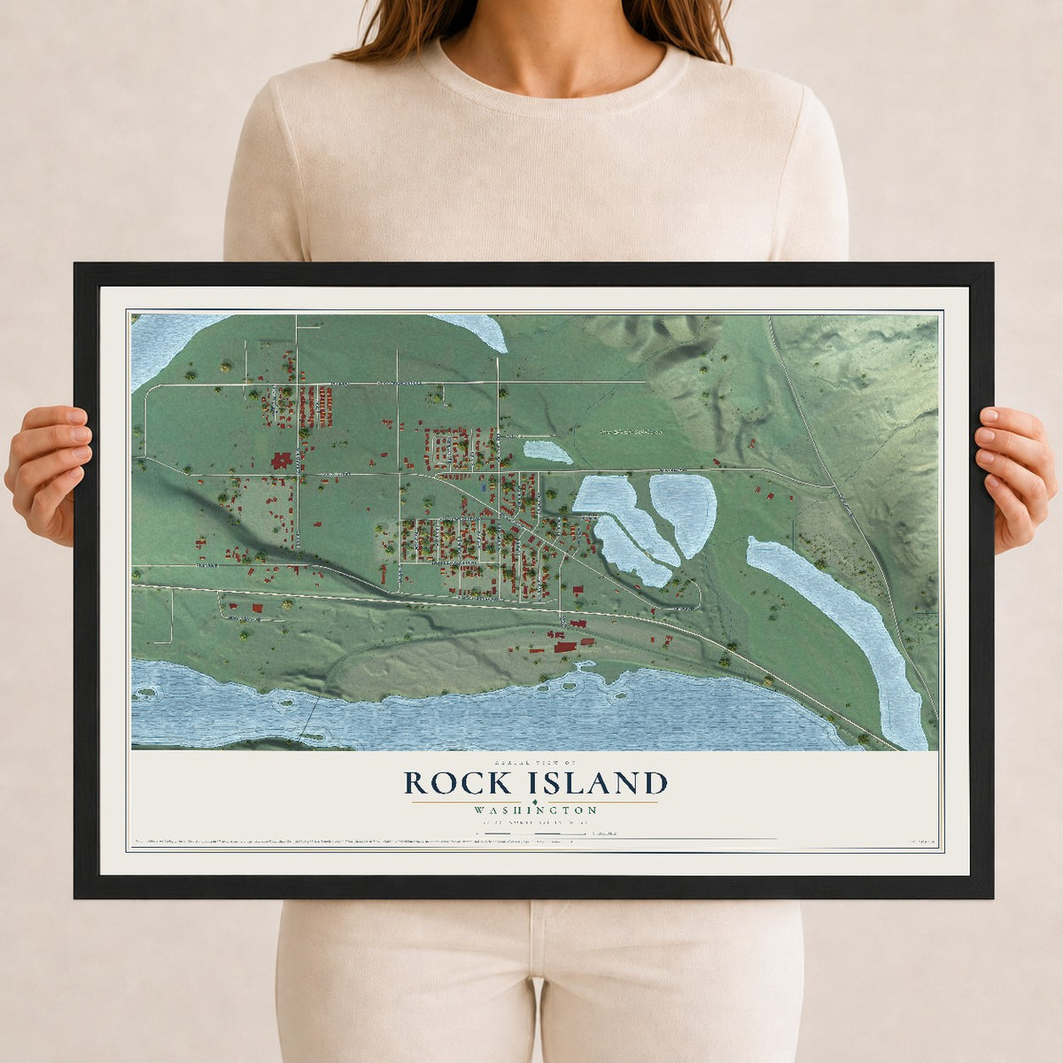 Map of Rock Island, Washington, 12 x 18 inch print in a black wood frame