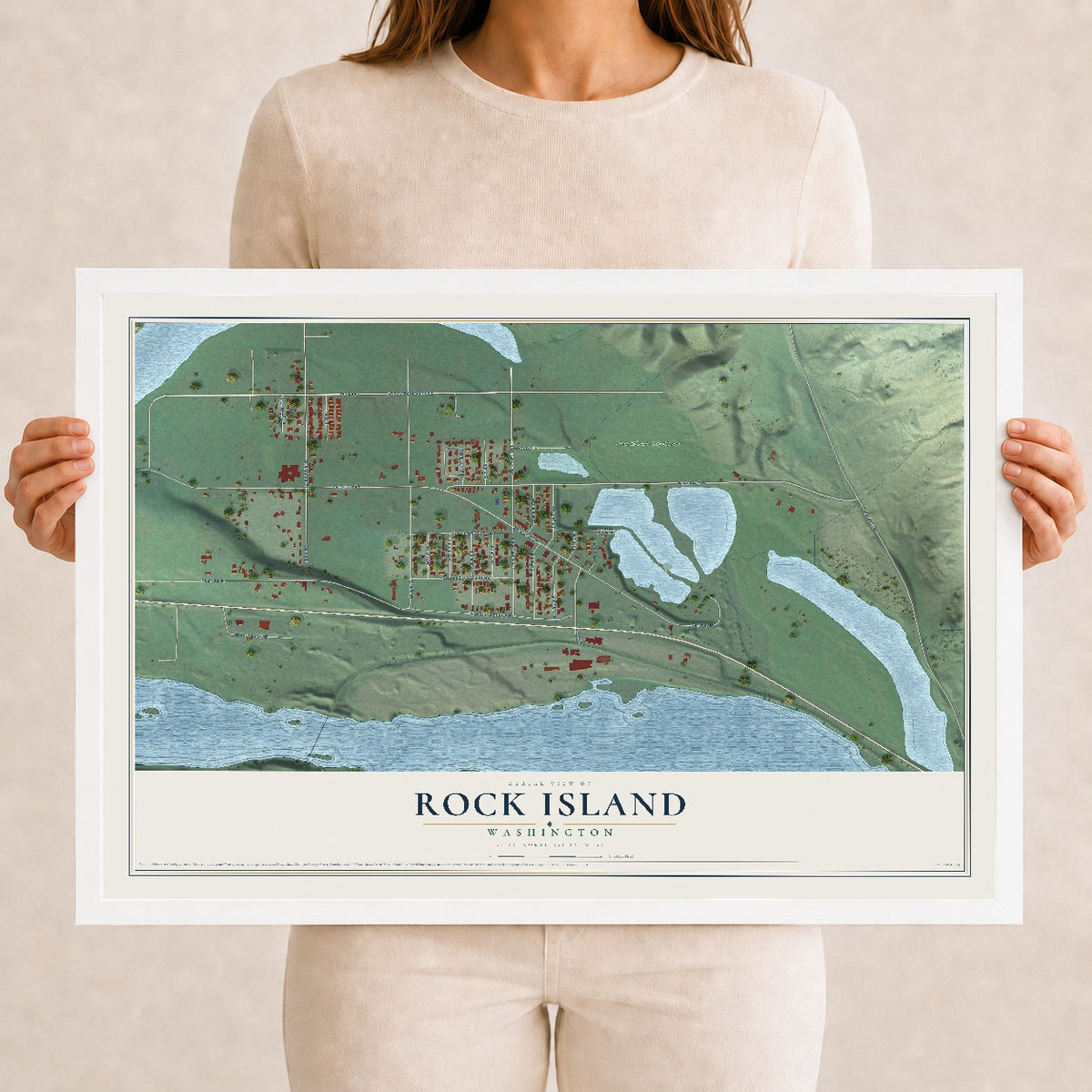 Map of Rock Island, Washington, 12 x 18 inch print in a white wood frame