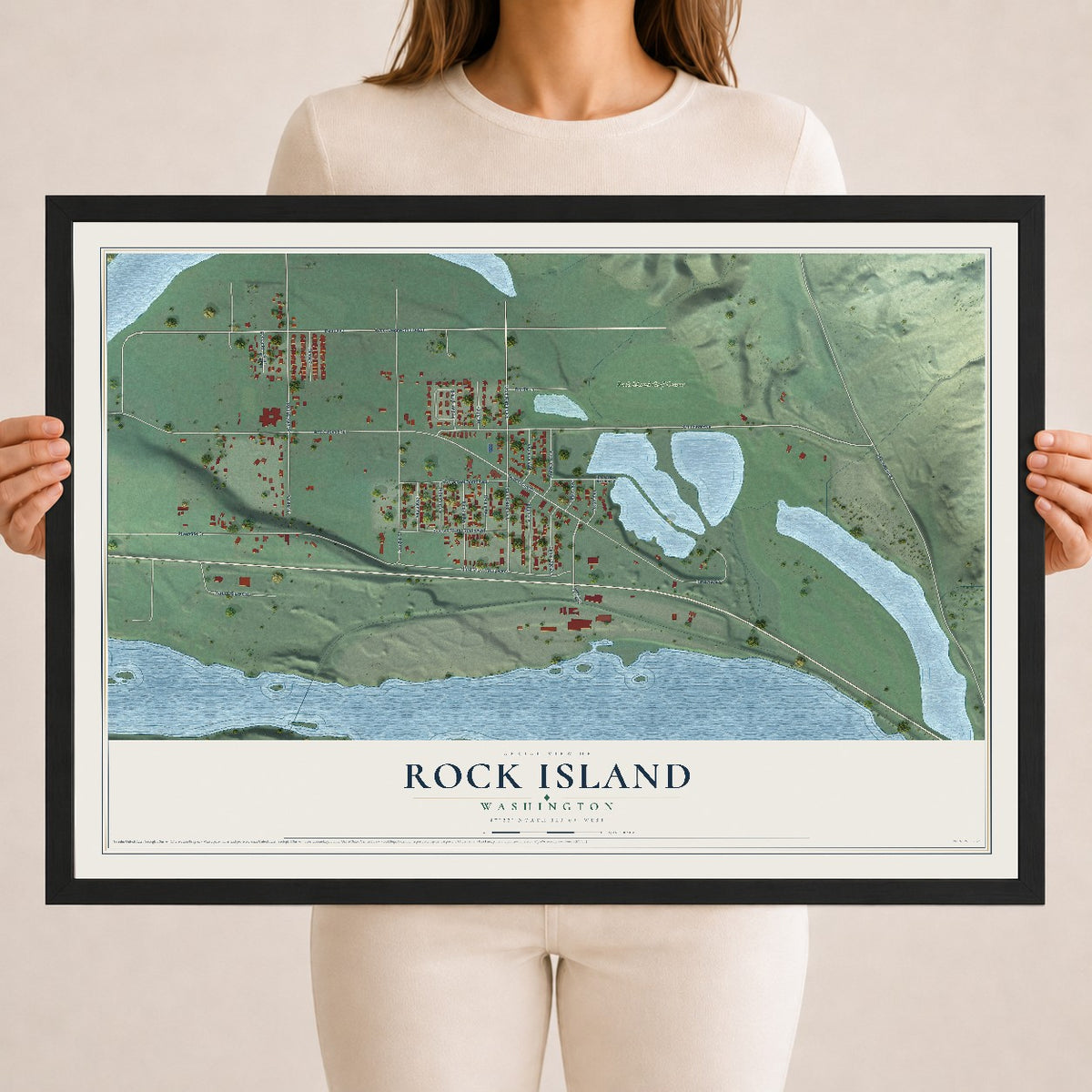 Map of Rock Island, Washington, 18 x 24 inch print in a black wood frame