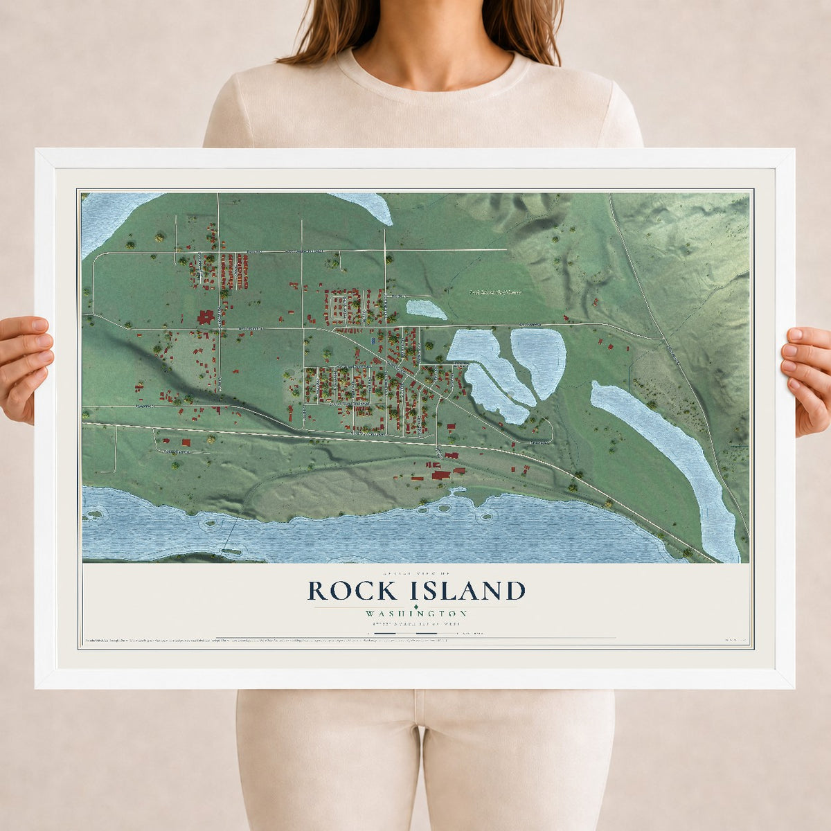 Map of Rock Island, Washington, 18 x 24 inch print in a white wood frame