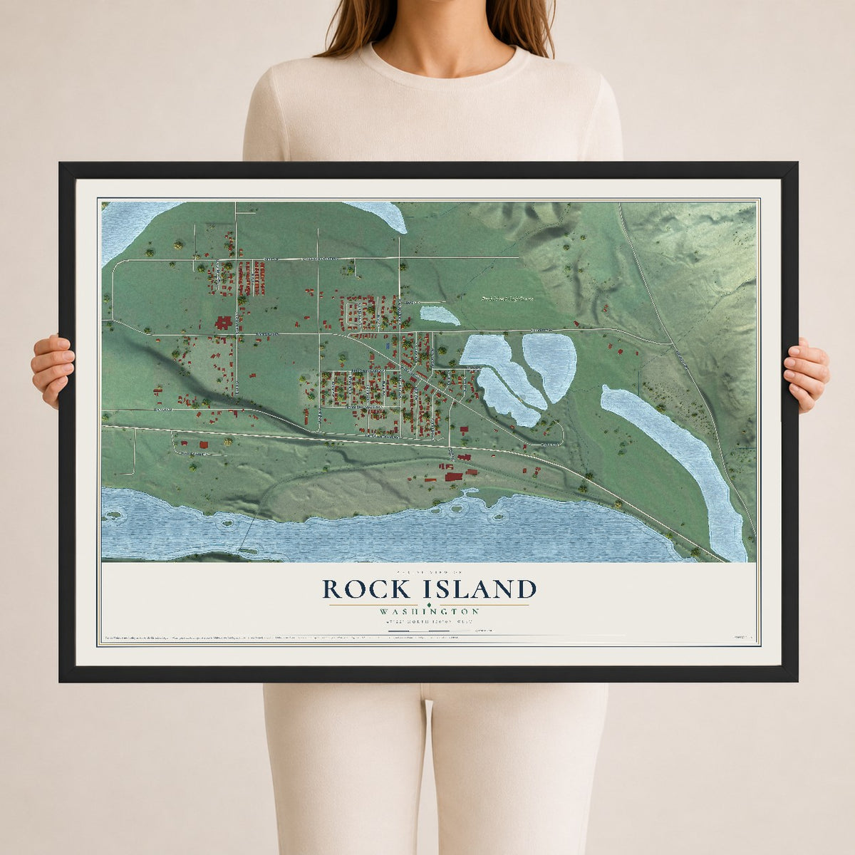 Map of Rock Island, Washington, 24 x 36 inch print in a black wood frame