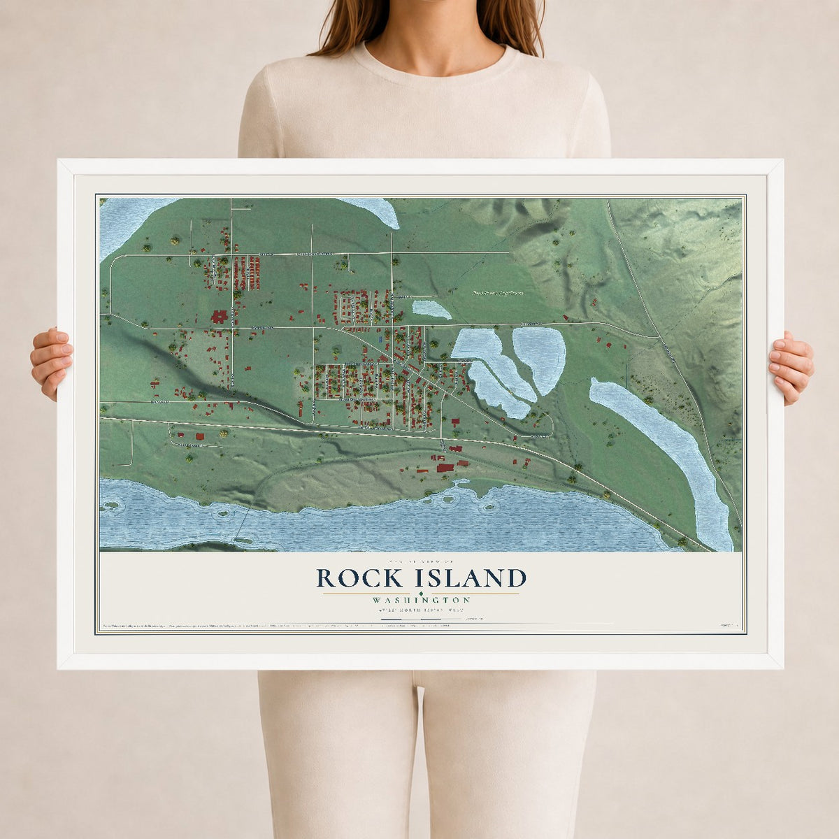 Map of Rock Island, Washington, 24 x 36 inch print in a white wood frame