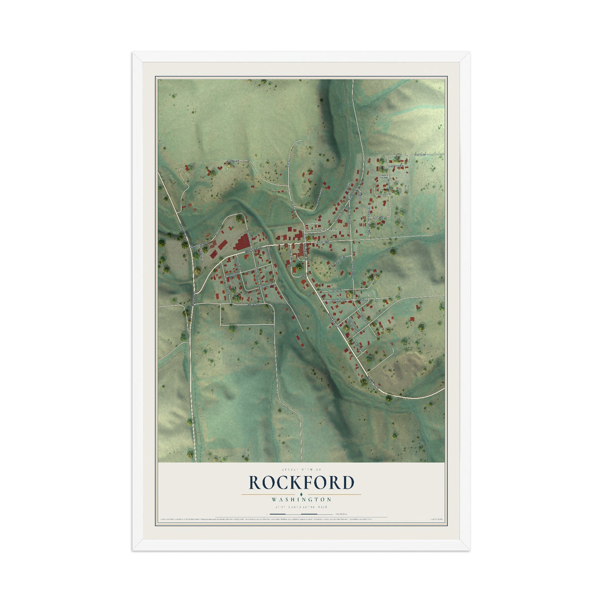 Map of Rockford, Washington, 12 x 18 inch print in a white wood frame