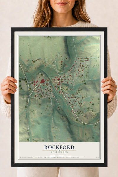 Map of Rockford, Washington, 18 x 24 inch print in a black wood frame