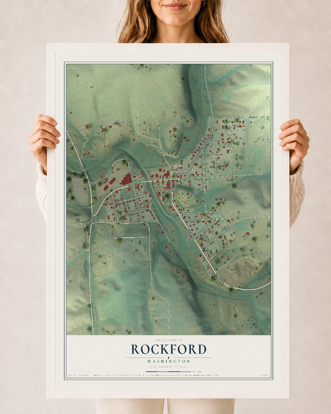 Map of Rockford, Washington, 24 x 36 inch print in a white wood frame
