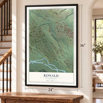 Ronald, Washington map, 24 x 36 inch print in a black frame by a staircase