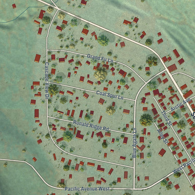 Close-up of the map of Ronald, Washington print showing street and building detail