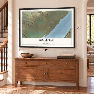 Roosevelt, Washington map, 24 x 36 inch print in a black frame above a dresser by a staircase