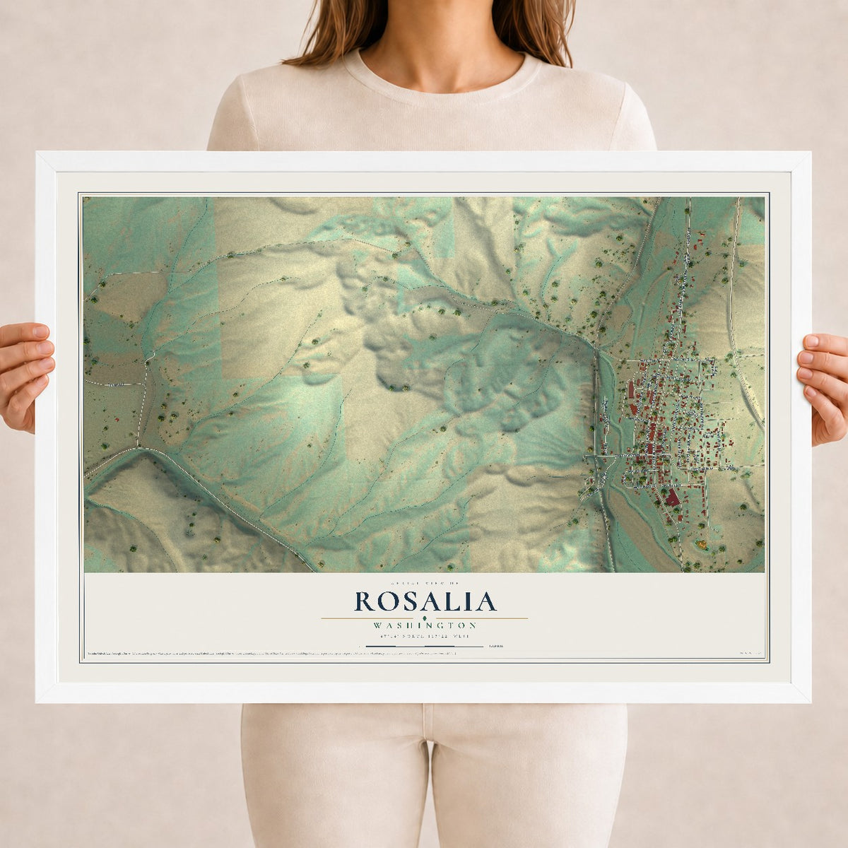 Map of Rosalia, Washington, 18 x 24 inch print in a white wood frame