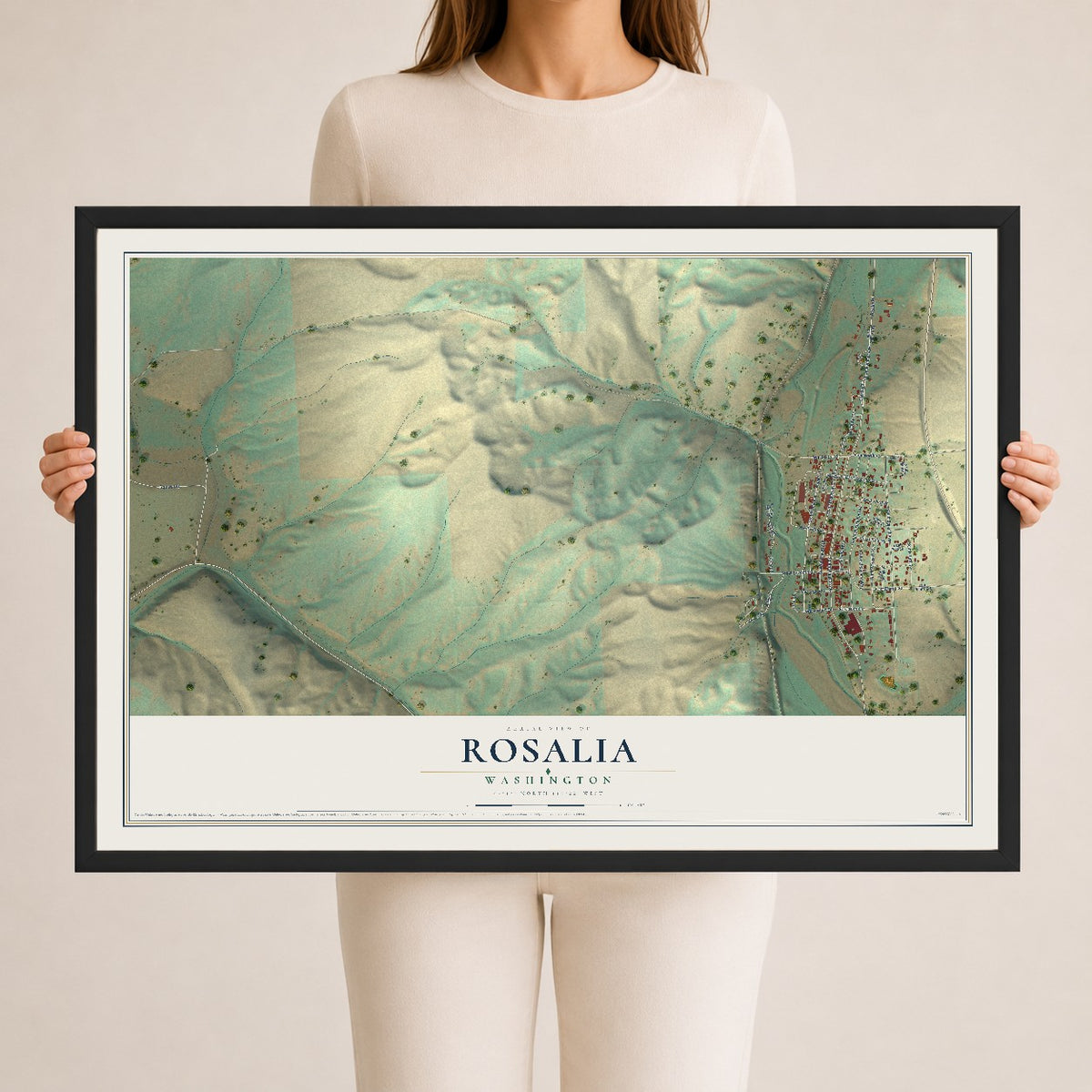 Map of Rosalia, Washington, 24 x 36 inch print in a black wood frame