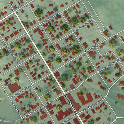 Close-up of the map of Roslyn, Washington print showing street and building detail