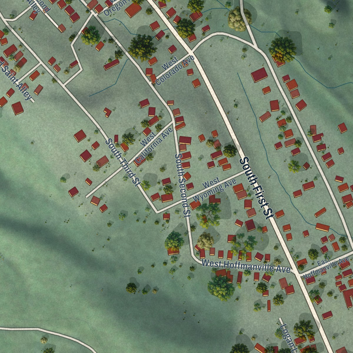Second close-up of the map of Roslyn, Washington print showing more streets and buildings