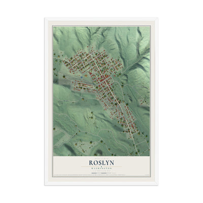 Map of Roslyn, Washington, 12 x 18 inch print in a white wood frame