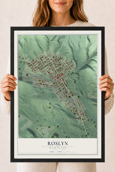 Map of Roslyn, Washington, 18 x 24 inch print in a black wood frame