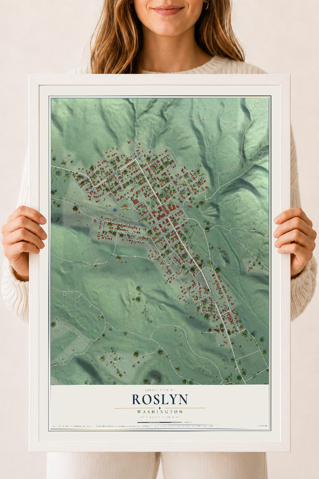 Map of Roslyn, Washington, 18 x 24 inch print in a white wood frame