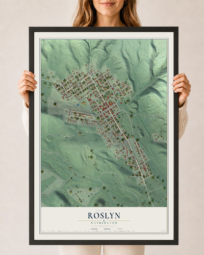 Map of Roslyn, Washington, 24 x 36 inch print in a black wood frame