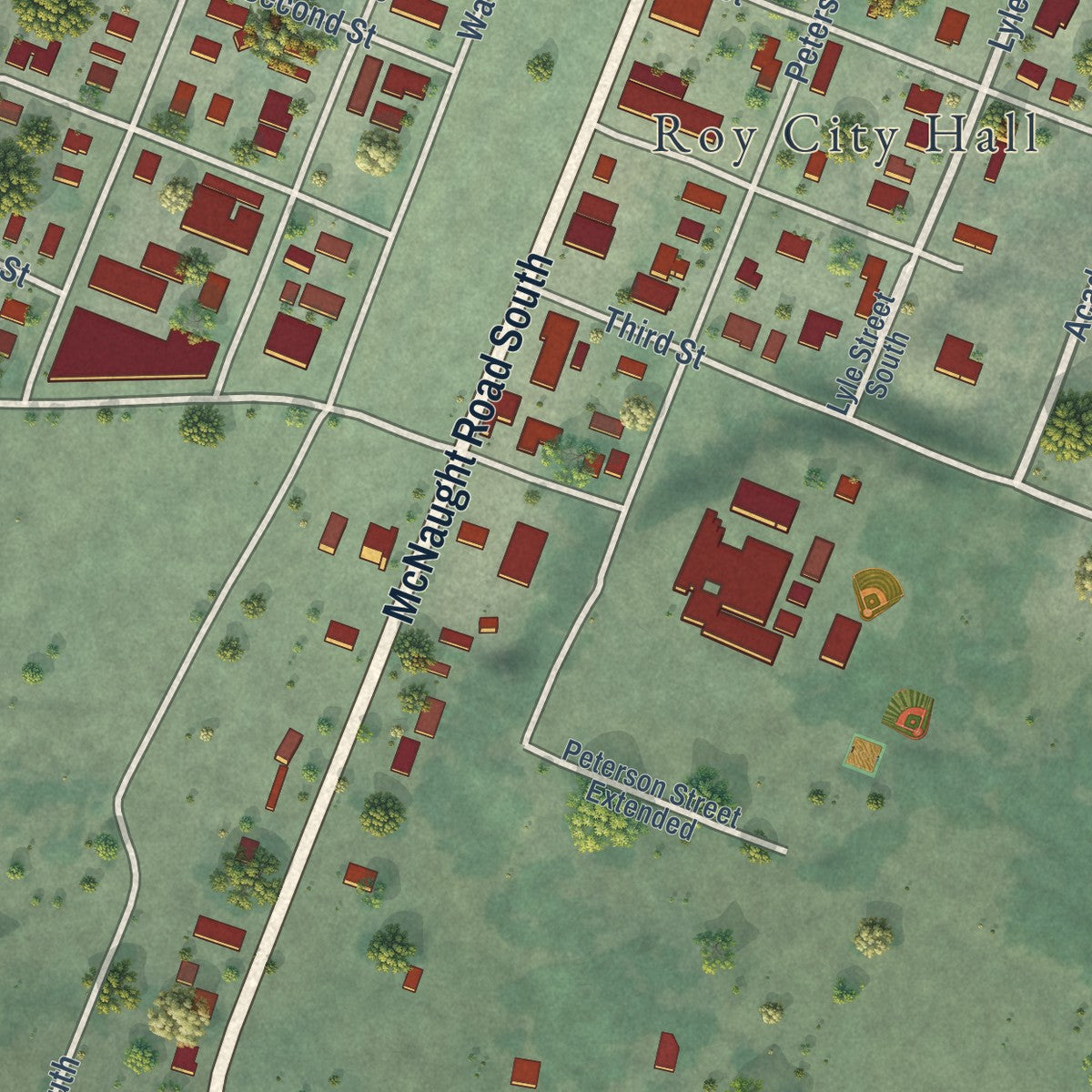 Close-up of the map of Roy, Washington print showing street and building detail