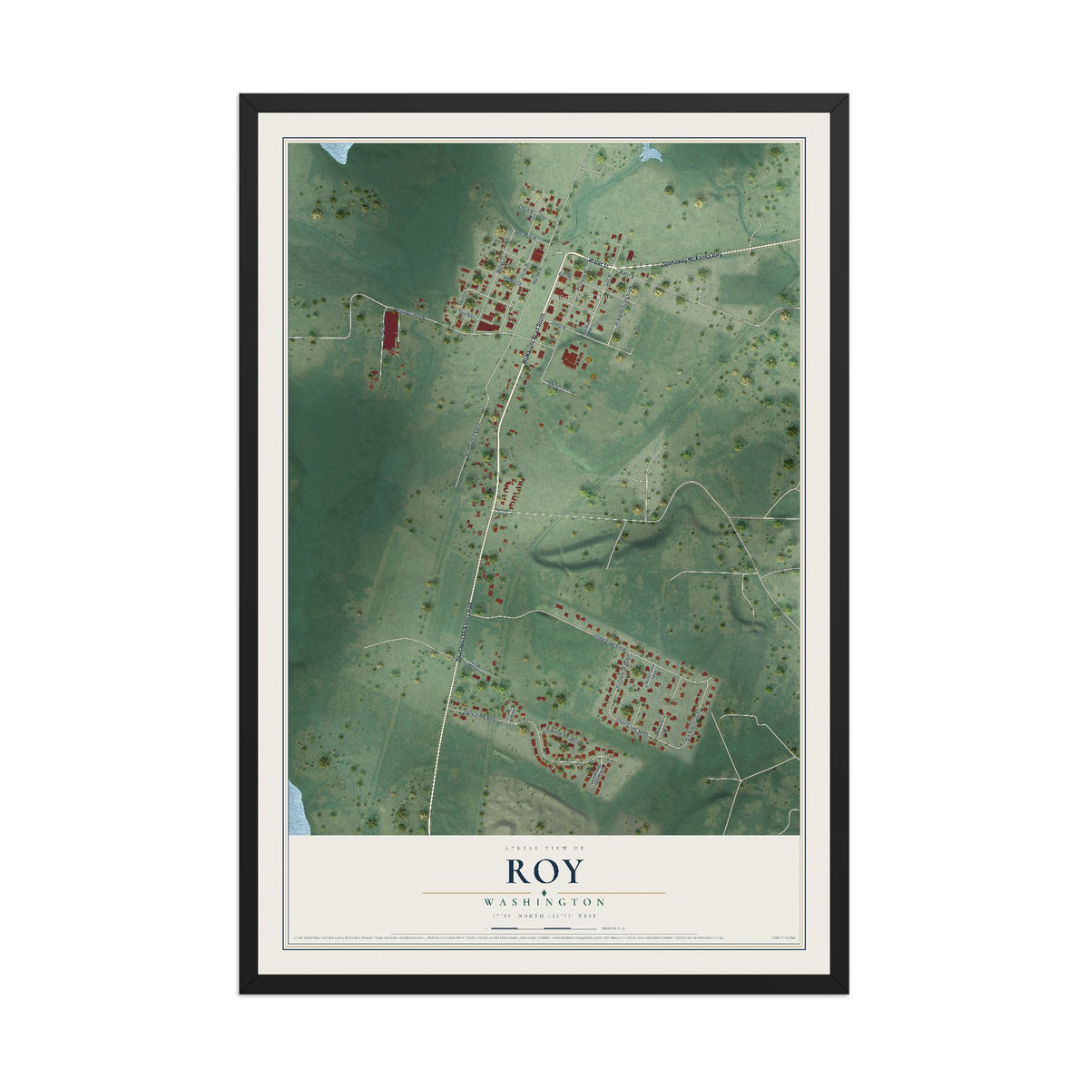 Map of Roy, Washington, 12 x 18 inch print in a black wood frame
