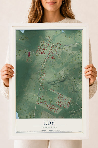 Map of Roy, Washington, 18 x 24 inch print in a white wood frame