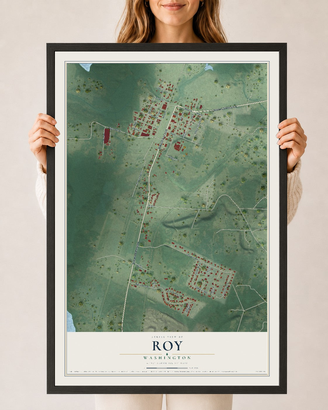 Map of Roy, Washington, 24 x 36 inch print in a black wood frame