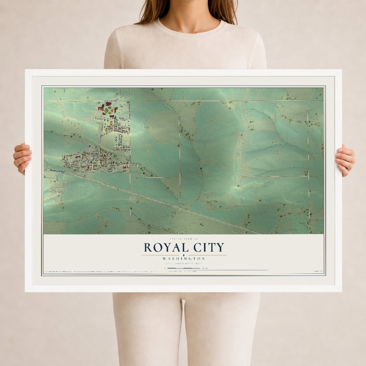 Map of Royal City, Washington, 24 x 36 inch print in a white wood frame