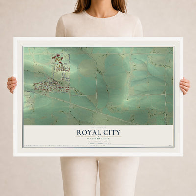 Map of Royal City, Washington, 24 x 36 inch print in a white wood frame