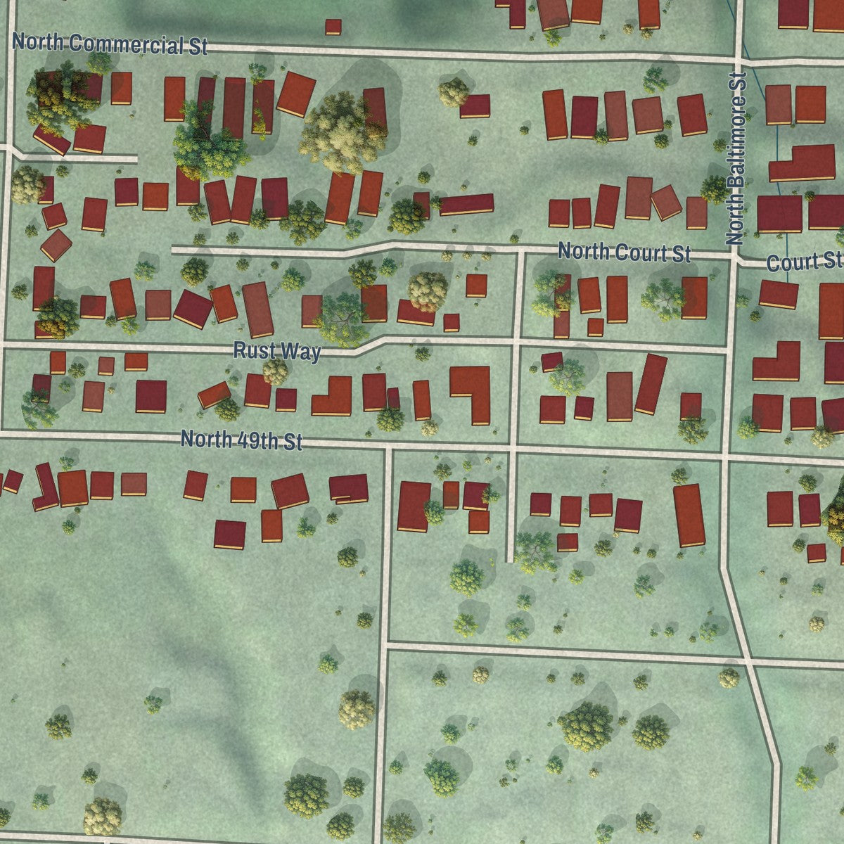 Close-up of the map of Ruston, Washington print showing street and building detail