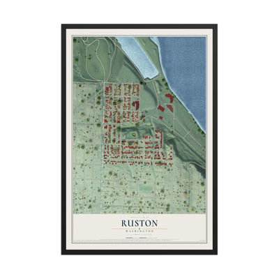 Map of Ruston, Washington, 12 x 18 inch print in a black wood frame