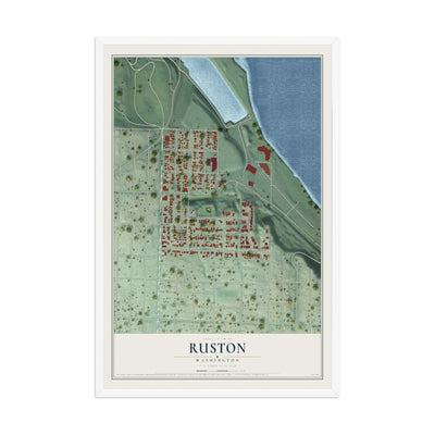 Map of Ruston, Washington, 12 x 18 inch print in a white wood frame
