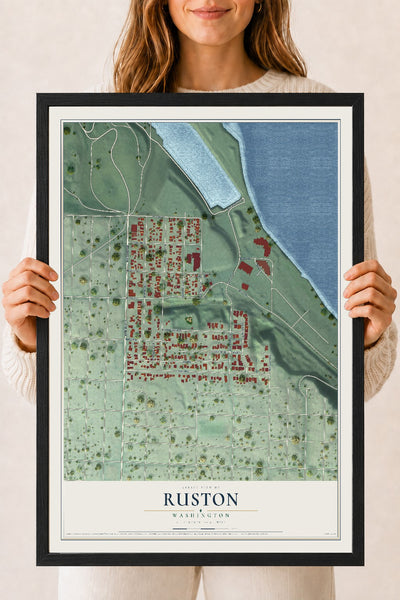 Map of Ruston, Washington, 18 x 24 inch print in a black wood frame