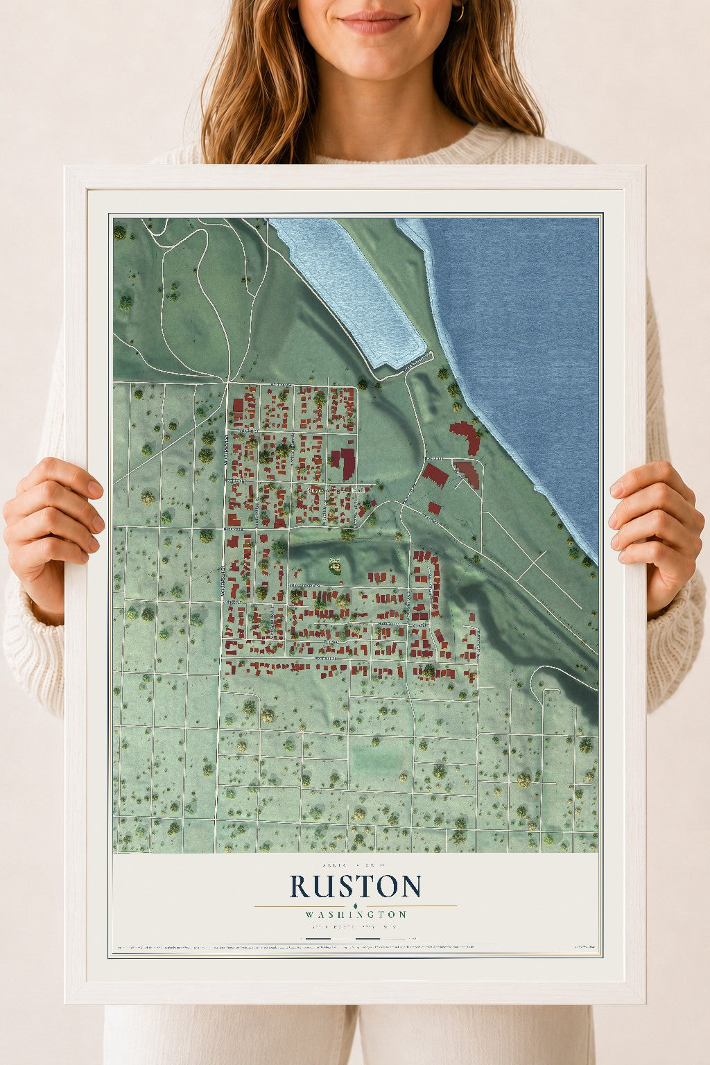 Map of Ruston, Washington, 18 x 24 inch print in a white wood frame