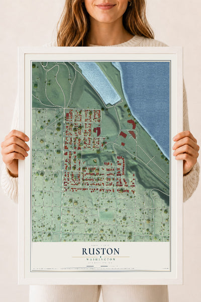 Map of Ruston, Washington, 18 x 24 inch print in a white wood frame