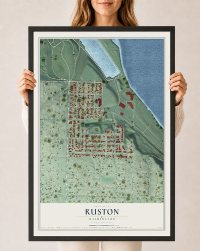 Map of Ruston, Washington, 24 x 36 inch print in a black wood frame