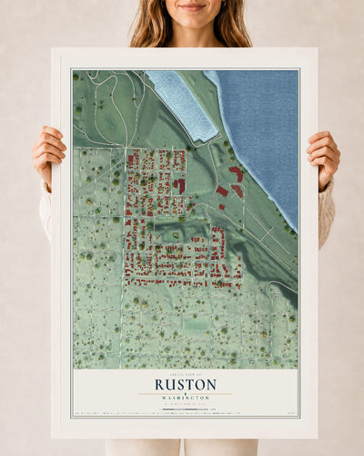 Map of Ruston, Washington, 24 x 36 inch print in a white wood frame