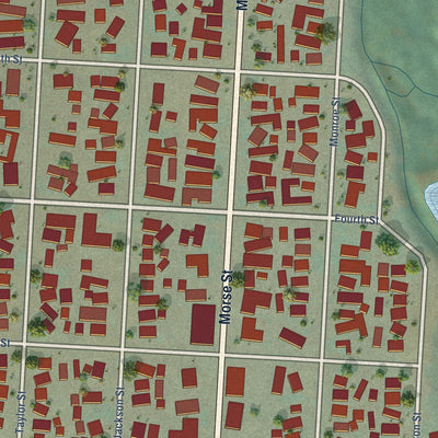 Close-up of the map of Ryderwood, Washington print showing street and building detail