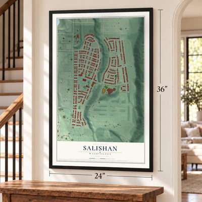 Salishan, Washington map, 24 x 36 inch print in a black frame by a staircase