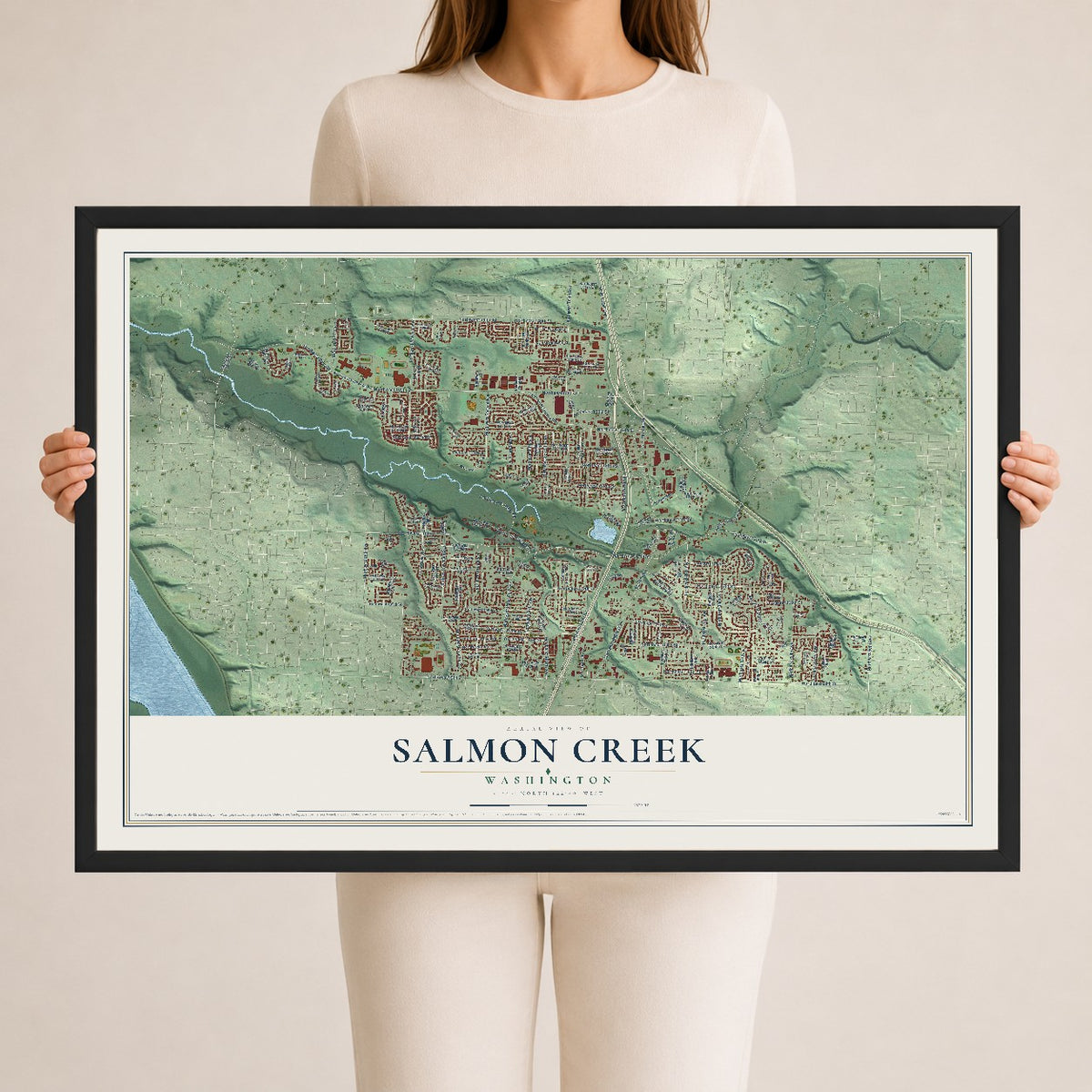 Map of Salmon Creek, Washington, 24 x 36 inch print in a black wood frame
