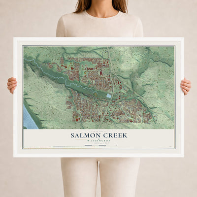 Map of Salmon Creek, Washington, 24 x 36 inch print in a white wood frame
