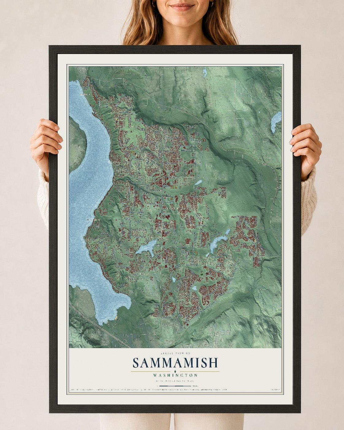 Map of Sammamish, Washington, 24 x 36 inch print in a black wood frame