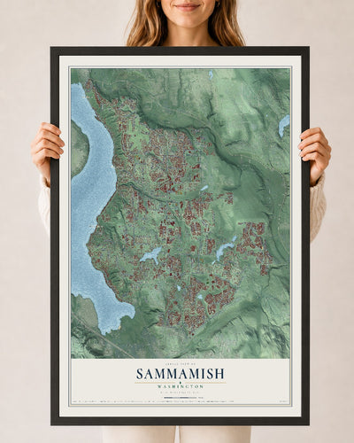 Map of Sammamish, Washington, 24 x 36 inch print in a black wood frame